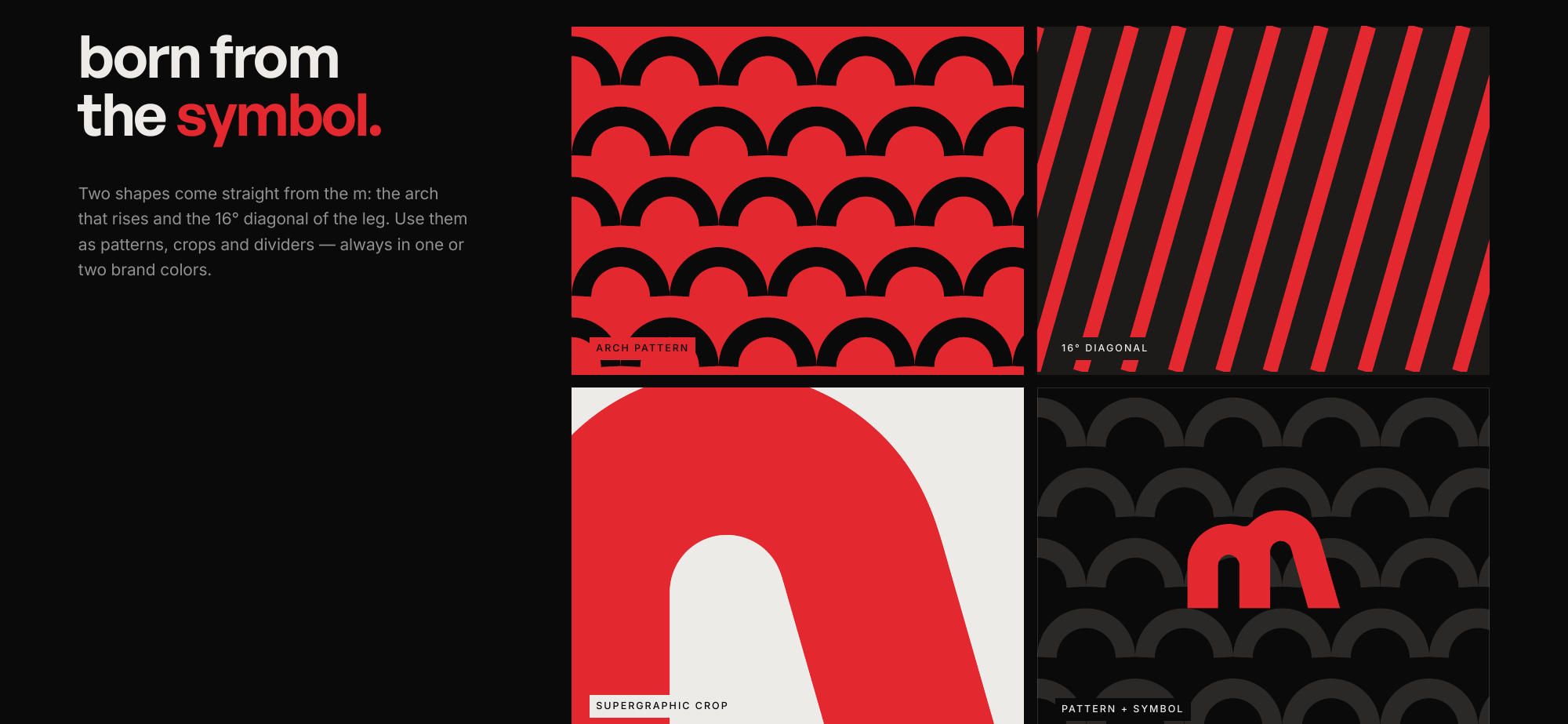 Graphic elements from the symbol: the rising arch and the 16° diagonal.