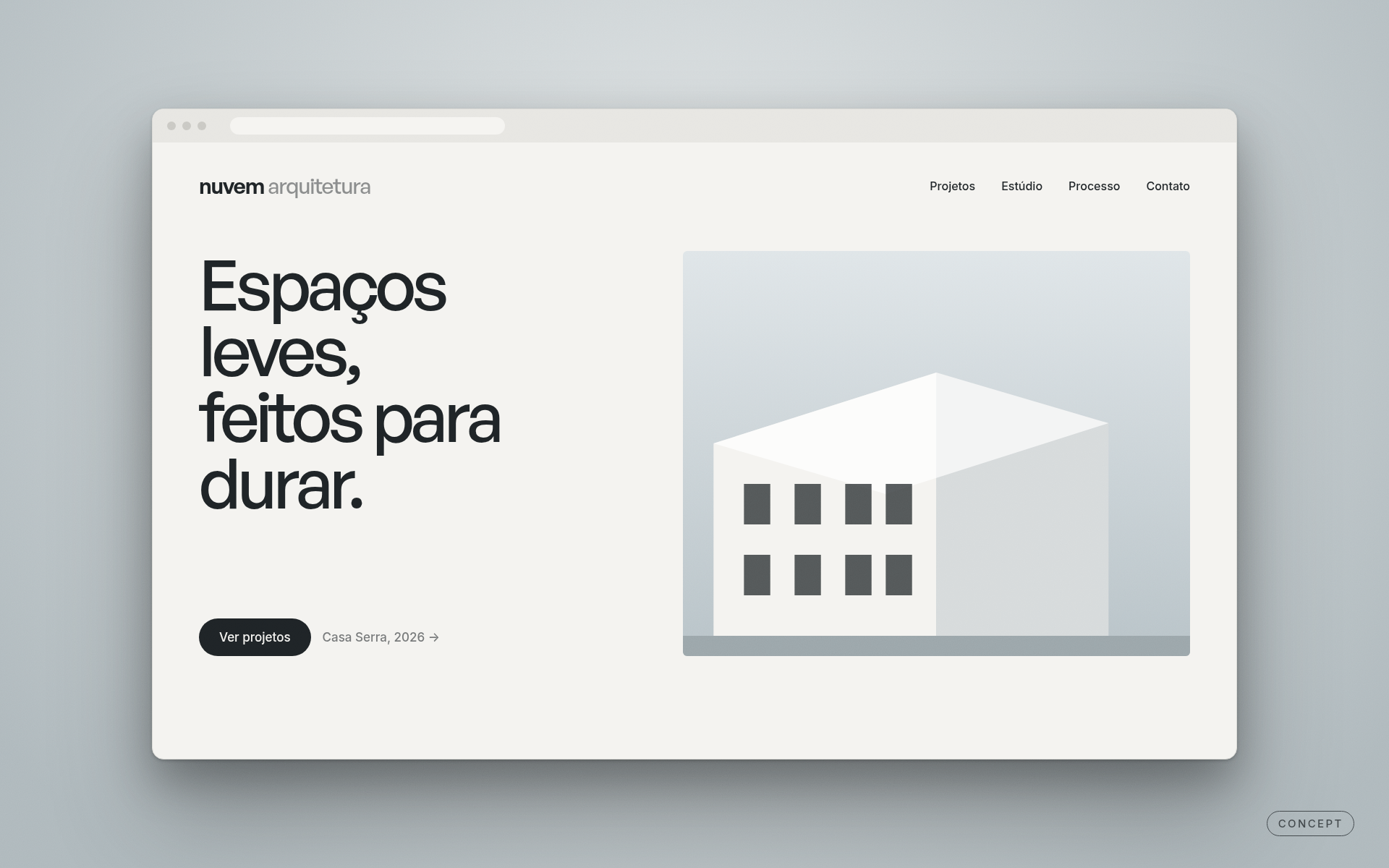 Example, not a client project. Website concept for the fictional studio Nuvem Arquitetura: a quiet page, large type, and a thin arch.