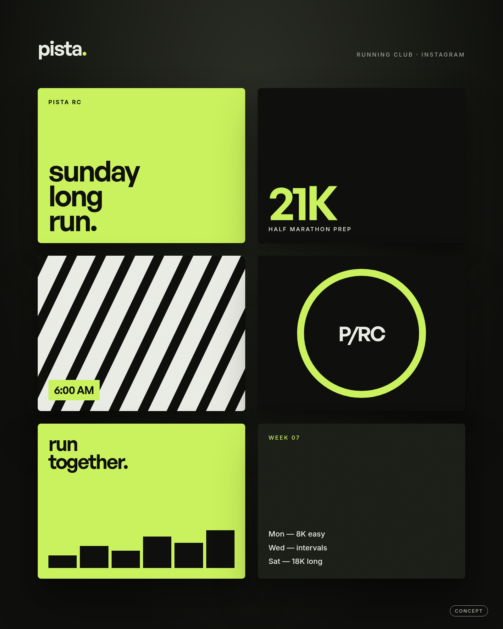 Example, not a client project. Instagram concept for the fictional club Pista Running Club: a grid of posts in black, off-white, and red.